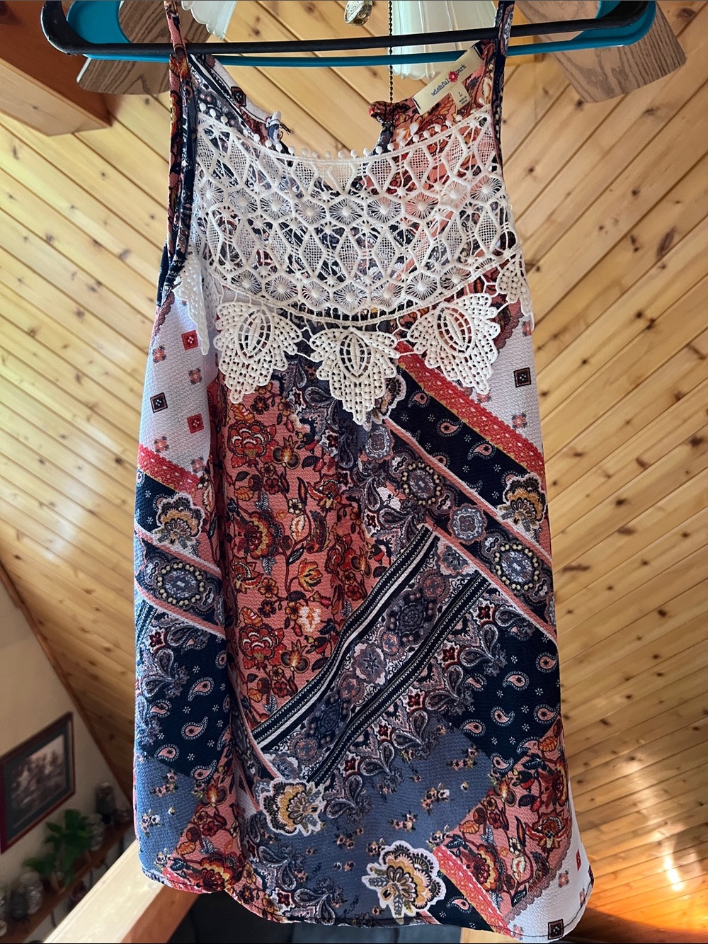 Wishful Park Paisley Crochet Yoke Tank - Coral, Navy & Cream
